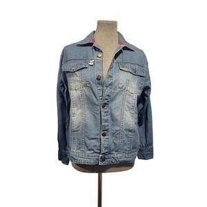 Free Planet‎ Palm Jungle Safari Oak Lake Reserve Blue Denim Trucker Jean Jacket